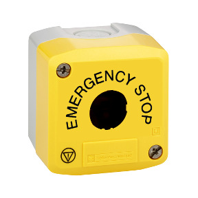 yellow empty enclosure lid - grey base-1 cut-out - EMERGENCY STOP/logo ISO13850 ref. XALK01H29 Schneider Electric [PLAZO 8-15 DI