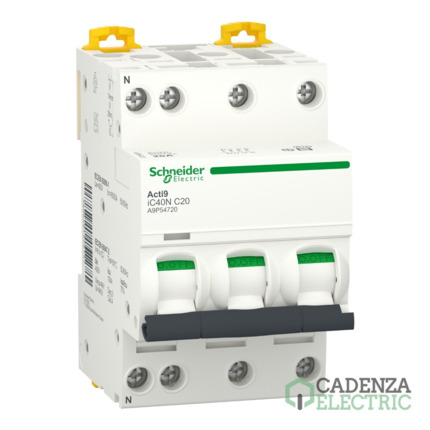 Compra Acti9 iC40N - disjuntor - 3P+N - 20A - Curva C - 6000A/10kA ref. A9P54720 Schneider Electric al mejor precio | Cadenza Electric
