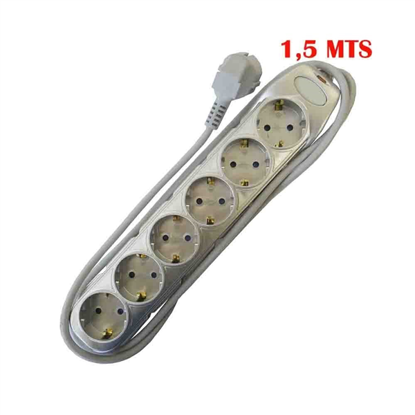 BASE MULTIPLE 6 TOMAS SCHUKO 1,5 MTS. 3x1mm CON INTERRUPTOR (COLOR GRIS)