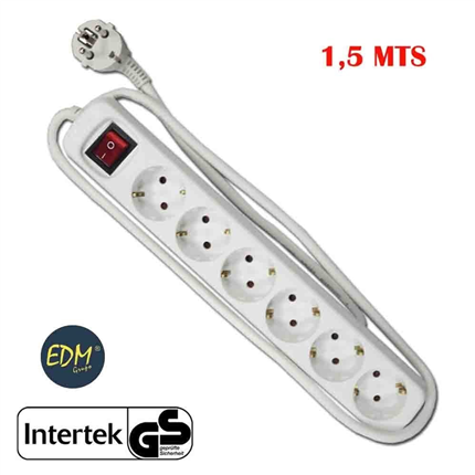 BASE MULTIPLE 6 TOMAS SCHUKO CON INTERRUPTOR 1,5 MTS. 3x1,5mm