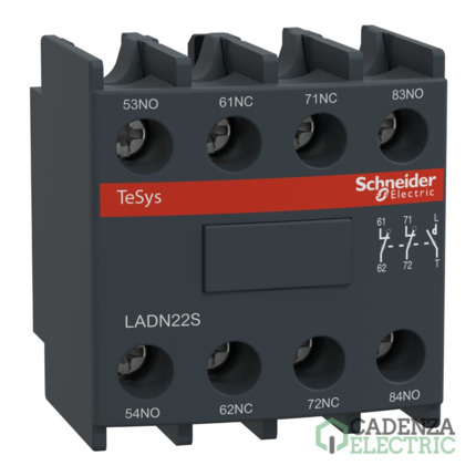 Compra Bloque de contactos auxiliar, Tesys deca, 2NO+2NC, montaje frontal, terminales de abrazadera de tornillo, cara frontal roja ref. LADN22S Schneider Electric al mejor precio | Cadenza Electric