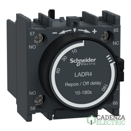 Compra Bloque de contactos temporizados auxiliar, Tesys deca, 1NA+1NC, retardo desactivado 10-180s, frontal, terminales con abrazaderas de tornillo ref. LADR4 Schneider Electric al mejor precio | Cadenza Electric