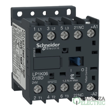 Compra Contactor TeSys K - 3P(3 NA) - AC-3 - <= 440 V 6 A - 24 V bobina CC ref. LP1K0601BD Schneider Electric al mejor precio | Cadenza Electric