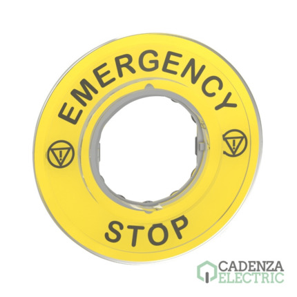 Compra Etiqueta EMERGENCY STOP Ø60 mm amarilla para Harmony XB4 y XB5 ref. ZBY9320 Schneider Electric al mejor precio | Cadenza Electric