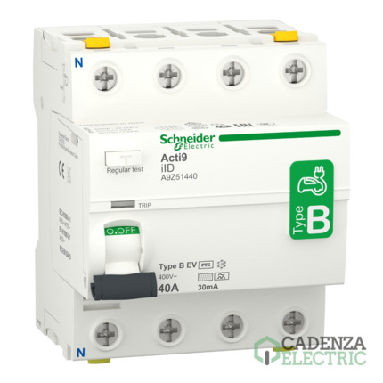 Compra Interruptor Diferencial, Acti9 iID, 4P, 40A, 30mA, tipo B-EV ref. A9Z51440 Schneider Electric al mejor precio | Cadenza Electric