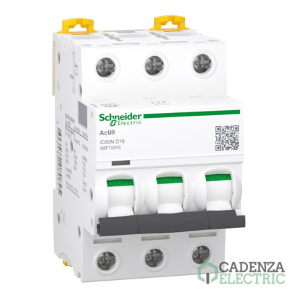 Compra Interruptor magnetotérmico; Acti9 iC60N; 3P; 16 A; curva D; 6000 A/10 kA ref. A9F75316 Schneider Electric al mejor precio | Cadenza Electric
