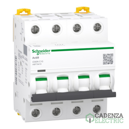 Compra Interruptor magnetotérmico; Acti9 iC60N; 4P; 10 A; curva C; 6000 A/10 kA ref. A9F79410 Schneider Electric al mejor precio | Cadenza Electric