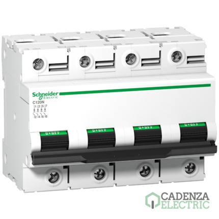 Compra Magnetotérmico, Acti9 C120N, 4P, 125 A, D curva, 10000 A, 10 kA ref. A9N18393 Schneider Electric al mejor precio | Cadenza Electric