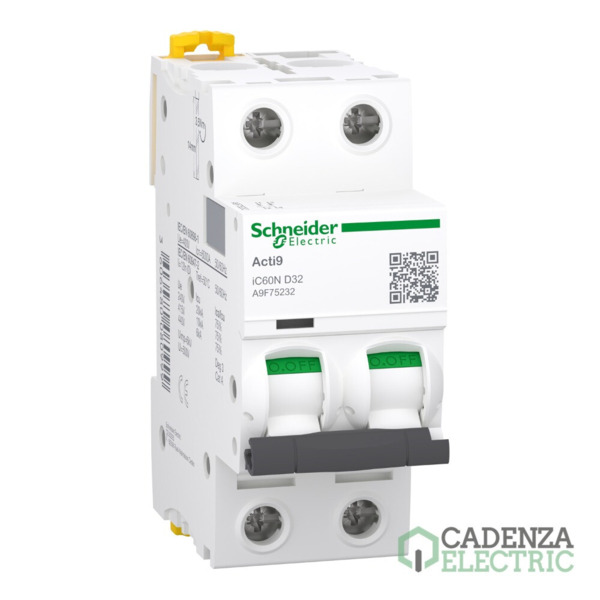 Magnetotérmico, Acti9 iC60N, 2P, 32 A, D curva, 6000 A, 10 kA ref. A9F75232 Schneider Electric