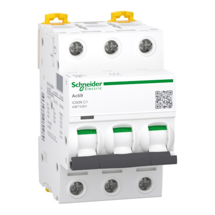 Compra Magnetotérmico, Acti9 iC60N, 3P, 1 A, C curva, 6000 A, 50 kA ref. A9F74301 Schneider Electric al mejor precio | Cadenza Electric