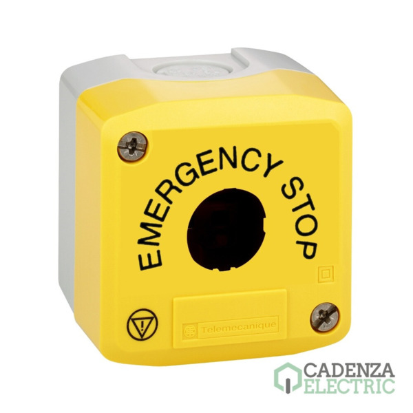 Recinto tapa amarilla vacía - 1 base gris recortada - parada de emergencia / logotipo iso13850 ref. XALK01H29 Schneider Electric